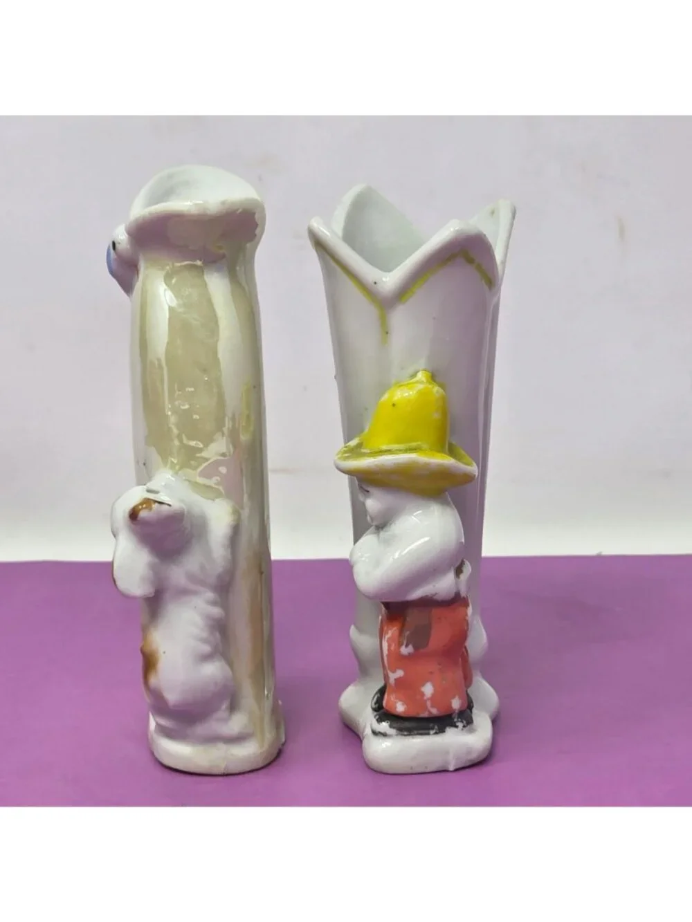 Vintage Hand-Painted Ceramic Bud‎ Vases With Boy & Dog Designs Tall Set Of 2